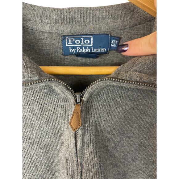 Vintage 90’s Polo Ralph Lauren Gray Quarter Zip Leather Tab Pullover Size XLT - Picture 5 of 9